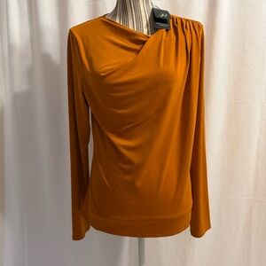 Adrianna Papell Golden Long Sleeve Front Drape Fitted Blouse - Size Large